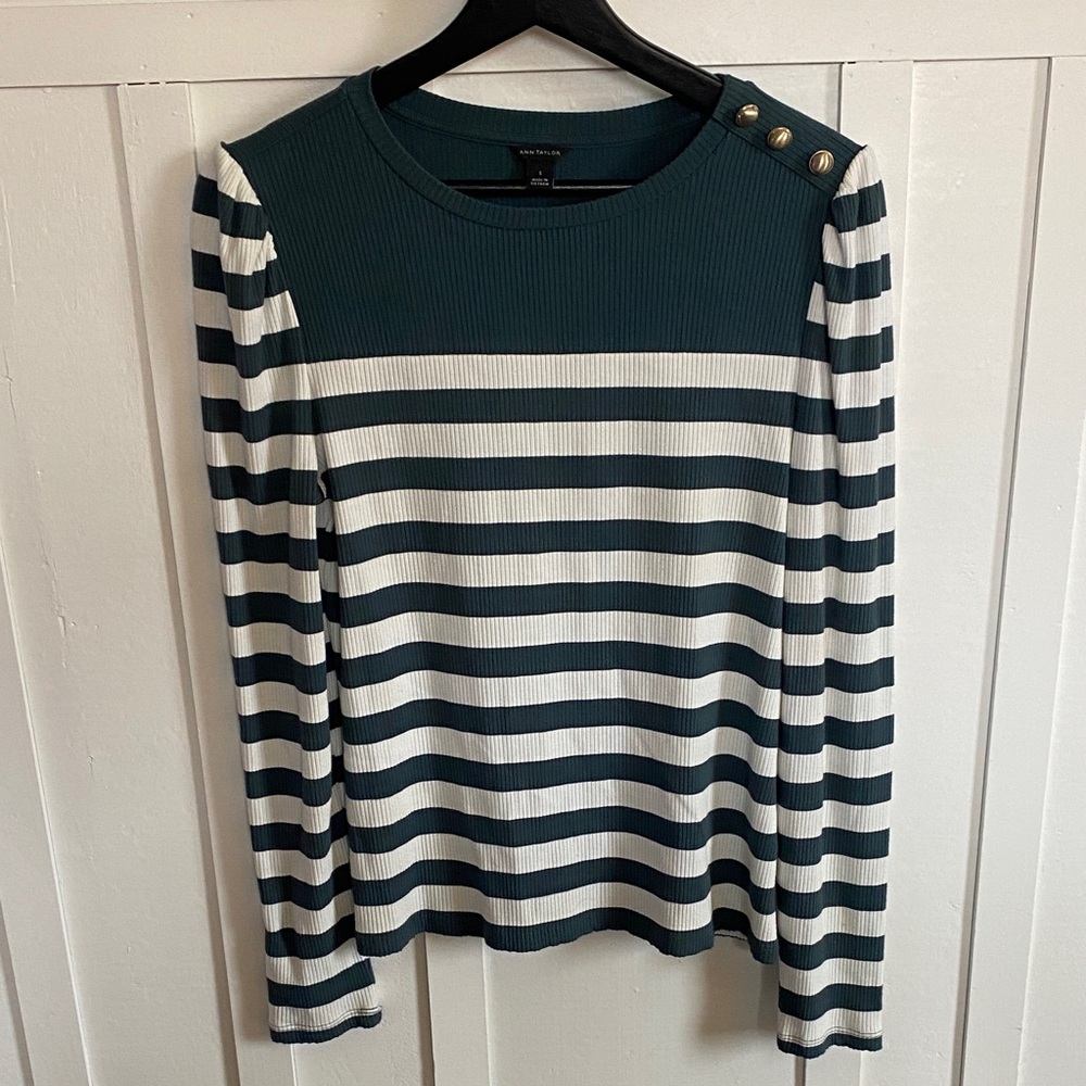 Ann Taylor Green & White Striped Long Puffed Sleeve Brass Buttons Top Size Small